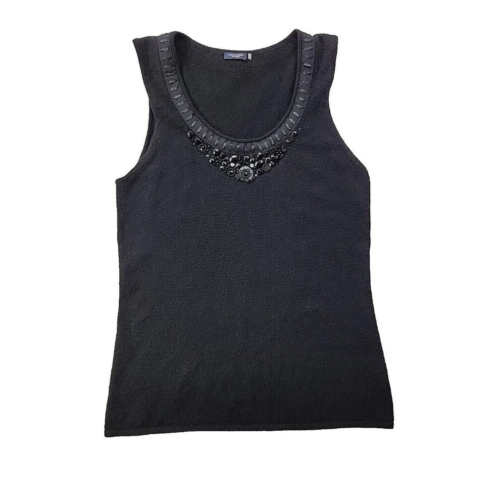 Magashoni Women L Black Cashmere Knit Sweater Tank Sequins Beading Luxury Dressy